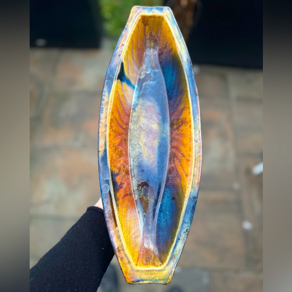Bill Campbell Flambeaux Crystalline Art Pottery Signed Platter Tray 15”L